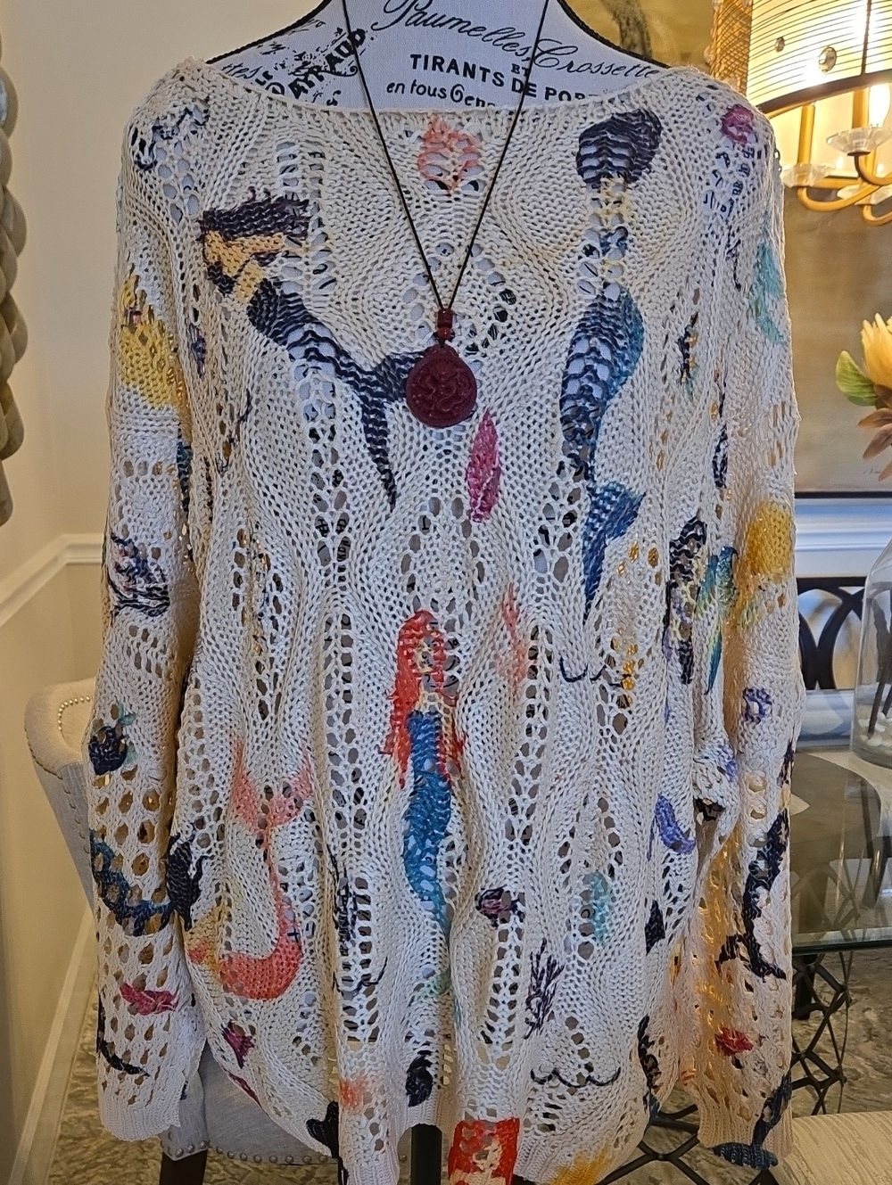 Oversized Open-Knit Cream Mermaid Print Beachy Cruise Sweater